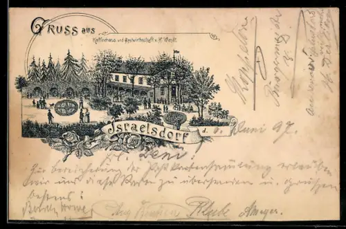 Lithographie Israelsdorf /Lübeck, Gasthaus und Cafe v. H. Wendt