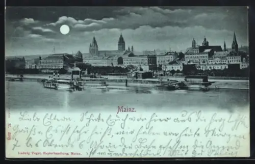 Mondschein-AK Mainz, Stadtansicht mit Passagierschiffen am Ufer