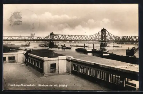 AK Homberg /Niederrhein, Rheinpartie mit Brücke