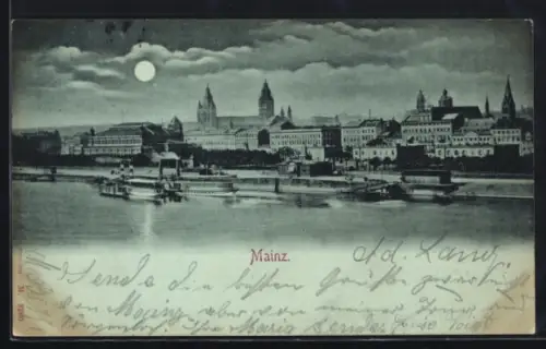 Mondschein-AK Mainz, Stadtansicht mit Passagierschiffen am Ufer
