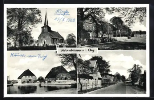 AK Siebenbäumen i. Lbg., Strassenpartie mit Wohnhäusern, Blick auf die Kirche, Wirtschaftshäuser