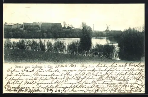 AK Labenz i. Lbg., Teilansicht des Ortes mit Windmühle
