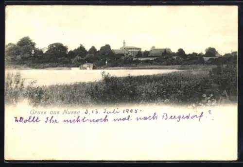 AK Nusse, Teilansicht des Ortes mit See