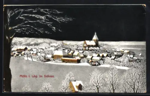 AK Mölln i. Lbg., Ortsansicht mit Kirche im Schnee