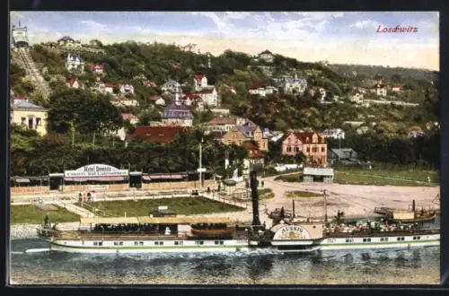 AK Dresden-Loschwitz, Dampfer Aussig auf der Elbe am Hotel Demnitz