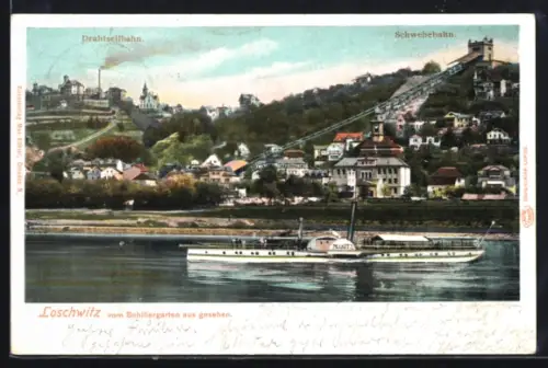 AK Dresden-Loschwitz, Elbe-Dampfer MS Pillnitz mit Schwebebahn und Drahtseilbahn