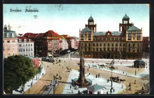 AK Dresden, Blick auf den Postplatz, Strassenbahn