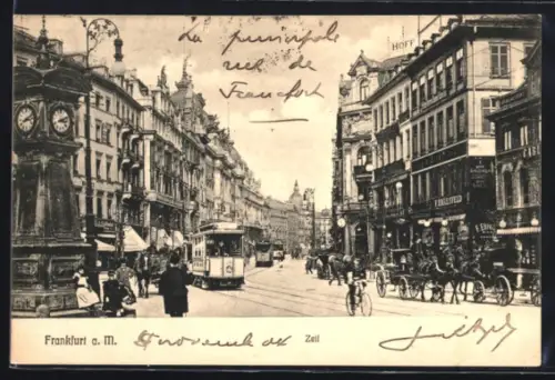 AK Frankfurt am Main, Zeil, Blick die Strasse hinab mit Strassenbahnen u. Droschken