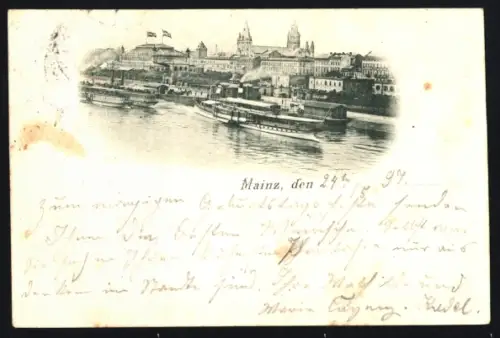 AK Mainz, Ortsansicht mit Dom und Rheinschiffen