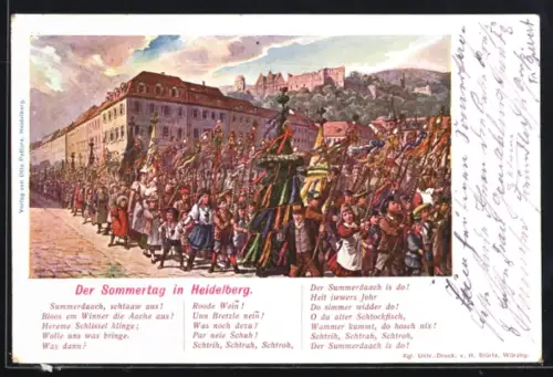 Künstler-AK Heidelberg, Sommertagszug mit Schloss im Hintergrund, Gedicht