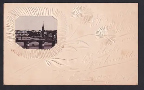 AK Frankfurt a. M., Brücke und Ortsansicht mit Kirche, Papier-Ornamente, privater Weihnachtsgruss