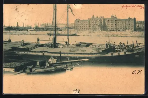 AK Frankfurt a. M., Hafenansicht mit Lagerhaus und Frachtschiffen