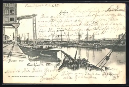 AK Frankfurt a. M., Hafen, Schiffe, Krananlage