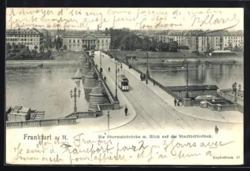 AK Frankfurt a. M., Obermainbrücke u. Stadtbibliothek aus der Vogelschau