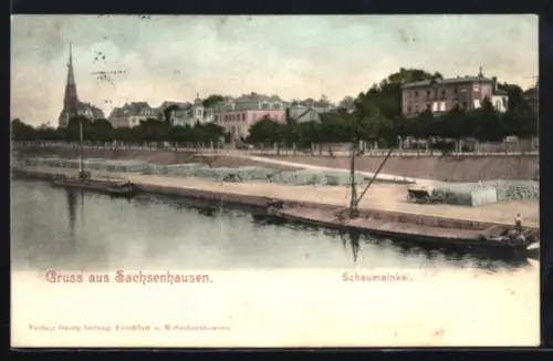 AK Sachsenhausen, Schaumainkai mit Frachter u. Panorama mit Kirche