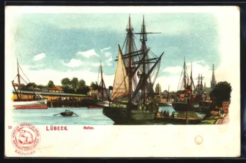 Lithographie Lübeck, Hafen mit Stadtanorama, Segelschiffe