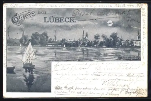 Künstler-AK Lübeck, Stadtpanorama mit Segelbooten und Kirchtürmen, Mond