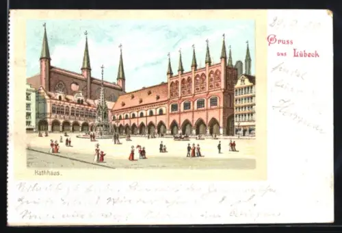 Lithographie Lübeck, Rathaus mit Brunnen