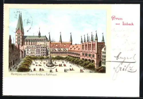 Lithographie Lübeck, Marktplatz, Marien-Kirche, Rathaus