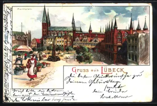 Lithographie Lübeck, Marktplatz mit Marktfrauen aus der Vogelschau