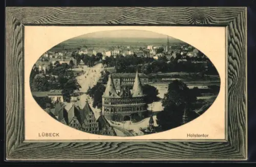AK Lübeck, Holstentor und Stadt aus der Vogelschau, Rahmen