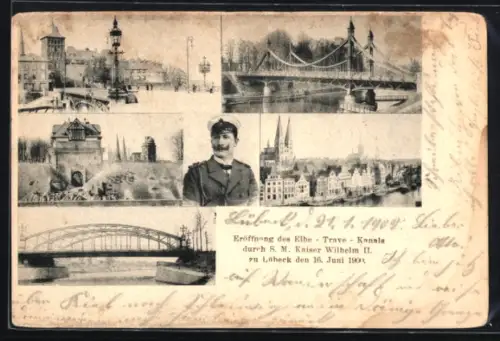 Lithographie Lübeck, Eröffnung des Elbe-Trave-Kanals 1900, Brücken, Stadtansichten, Wilhelm II.