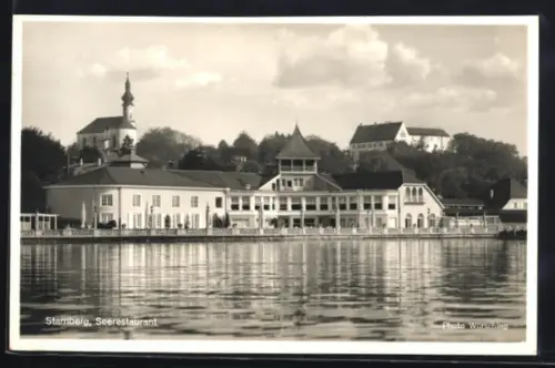 AK Starnberg, Seerestaurant Undosabad, Ansicht mit Kirche v. Wasser aus