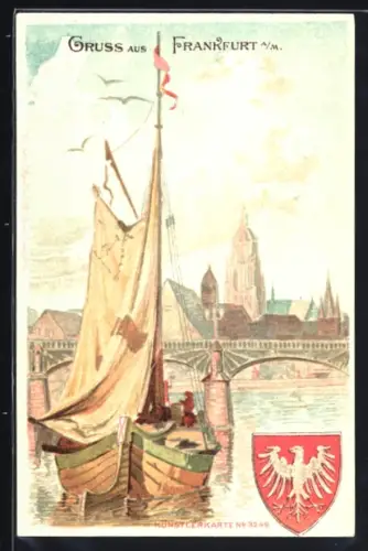 Lithographie Frankfurt, Flusspartie mit Segelboot, Brücke und Teilansicht