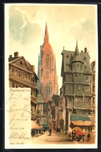 AK Alt-Frankfurt, Alter Markt mit Blick durch Häuserzeile auf Kirche