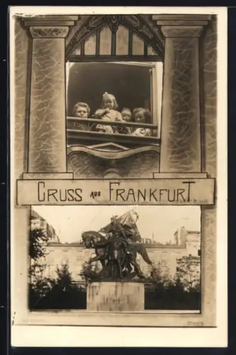 AK Frankfurt, Denkmal, Frauen und Kinder am Fenster, Passepartout