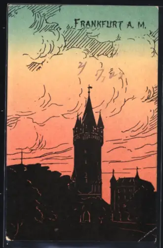 Künstler-AK Frankfurt a. M., Ortspartie mit Turm