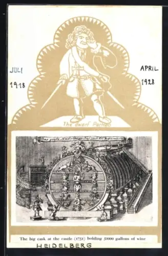 Künstler-AK Heidelberg, The big cask at the castle, The dwarf Perkeo, 1918-1928, Passepartout