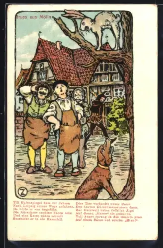 Künstler-AK Mölln, Kürschner mit entlaufenem Hasen, Im Hintergrund Till Eulenspiegel