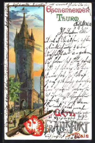 Lithographie Frankfurt /Main, Eschenheimer Turm, Wappen mit Gewehr