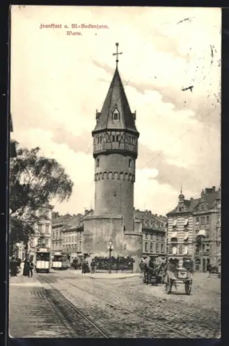 AK Frankfurt a. M.-Bockenheim, Strassenpartie mit Warte und Strassenbahn