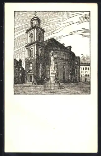 Künstler-AK Frankfurt am Main, Kirche mit Denkmal