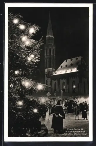 AK Alt-Frankfurt, Weihnachtsmarkt auf dem Römerberg, Kirche und Tannenbaum bei Nacht