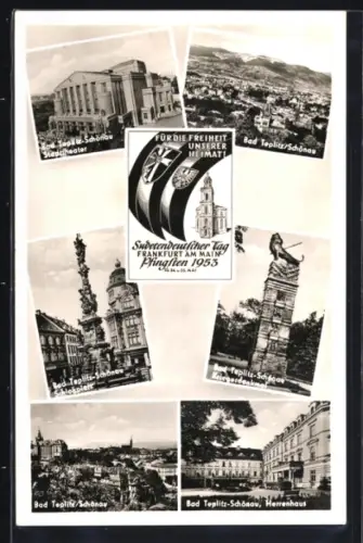 AK Frankfurt am Main, Sudetendeutscher Tag Pfingsten 1953, Bad Teplitz-Schönau Herrenhaus, Kriegerdenkmal, Schlossplatz