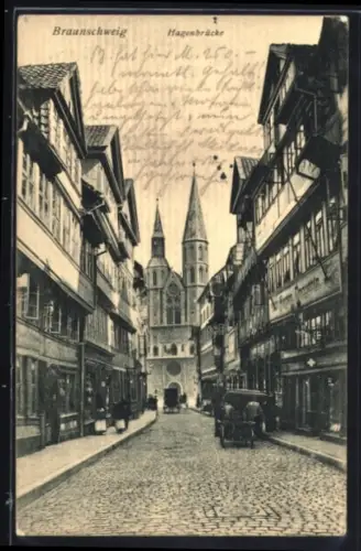 AK Braunschweig, Strasse an der Hagenbrücke mit Hagen-Drogerie und Kirche