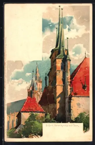 Lithographie Erfurt, Severikirche mit Dom