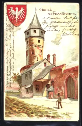 Lithographie Frankfurt-Bornheim, Friedberger Warte und Stadtwappen