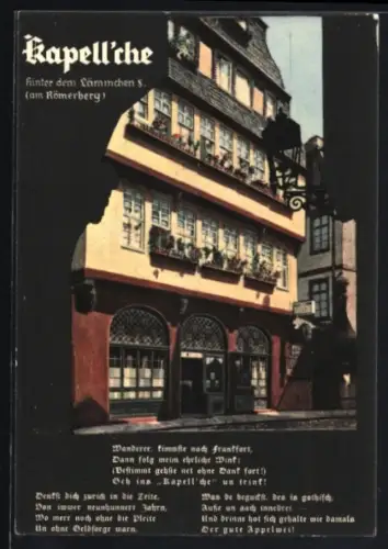 AK Alt-Frankfurt, Gasthaus Kapell`che, Hinter dem Lämmchen 8 am Römerberg