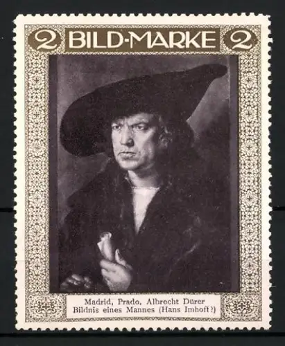 Reklamemarke Madrid, Prado, Albrecht Dürer, Bildnis eines Mannes (Hans Imhoft)