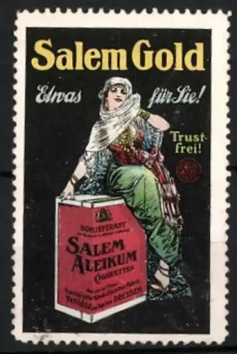 Reklamemarke Dresden, Salem Gold-Cigaretten, Orientalische Frau mit Tabakpackung