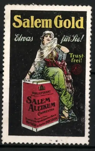 Reklamemarke Dresden, Zigaretten Salem Gold, Frau aus dem Orient mit Zigarettenschachtel