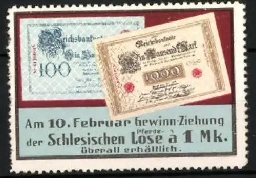 Reklamemarke Schlesien, Gewinn-Ziehung der Schlesischen Lose, Geldscheine Reichsbanknoten