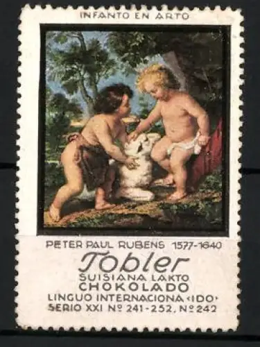 Reklamemarke Tobler-Schokolade, Suisiana Lakto Chokolado, Esperanto, Kinder mit Lamm nach Peter Paul Rubens