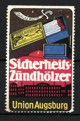 Reklamemarke Augsburg, Union, Sicherheits-Zündhölzer, Streichholzschachtel