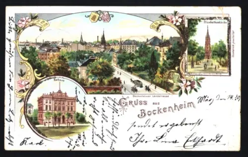 Lithographie Frankfurt-Bockenheim, Rathaus, Elisabethenkirche, Ortsansicht