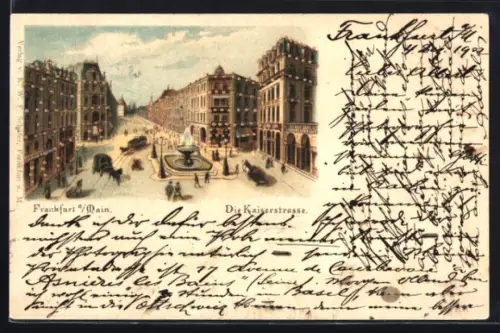 Lithographie Frankfurt a. Main, Kaiserstrasse mit Strassenbahn